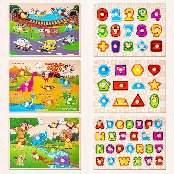 SYNARRY Wooden Puzzles for Toddlers 1-3, 6XSET Puzzles for Toddlers 2-4 with Rack, Learning Alphabet Number Animal Dinosaur Vehicle for Kids, Education Toys for 2 3 Years Boys Girls - Image 2