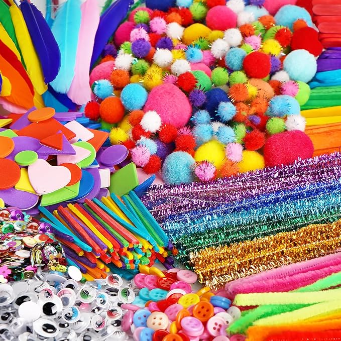 FUNZBO 2000Pcs+ Arts & Crafts Supplies Kits for Kids, Christmas DIY Craft Supplies for Toddlers Art Supply Tools Set Pipe Cleaners, Pom Poms and Feather, Birthday Gifts for Kid Girls Ages 4-8-12