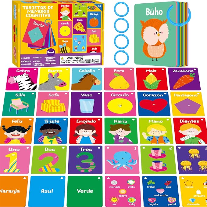 110 PCS Early Learning Flashcards, Double-Sided Spanish Cards- Alphabet, Numbers, Foods, Animals, Shapes, Colors, Emotions with 4 Reclosable Rings, Learning Tool for Pre-K Kindergarten Toddlers by SpriteGru