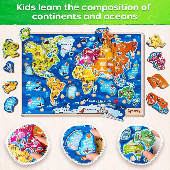 SYNARRY Large USA World Wooden Puzzles for Kids Ages 4-6, Learning United States World Maps Puzles for Kids Ages 6-8, Wood Jigsaw Puzzles Educational Games Toys Gifts for Boys Girls Ages 3-8 - Image 3