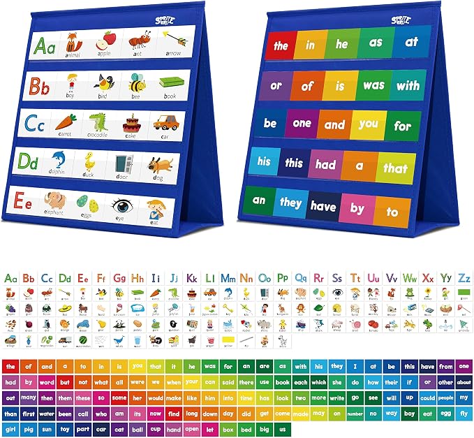Desktop Pocket Chart, 120 Dry-Erase Double Sided Cards Includes 26 Letters with Images and 120 First Words, Self-Standing Tabletop Pocket Chart for Kids Teacher Classroom Home Use (13 X 12inch) by SpriteGru