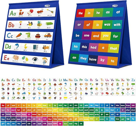 Desktop Pocket Chart, 120 Dry-Erase Double Sided Cards Includes 26 Letters with Images and 120 First Words, Self-Standing Tabletop Pocket Chart for Kids Teacher Classroom Home Use (13 X 12inch) by SpriteGru