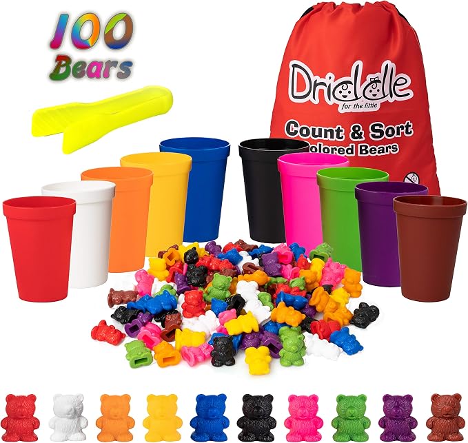 Driddle Colorful Counting Bears with Matching Cups - 100 Bears - Sort, Count & Color Recognition Learning Toy for Toddler & Kids - Montessori Education - Preschool Game by Driddle