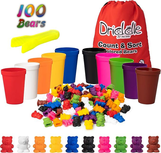 Driddle Colorful Counting Bears with Matching Cups - 100 Bears - Sort, Count & Color Recognition Learning Toy for Toddler & Kids - Montessori Education - Preschool Game by Driddle