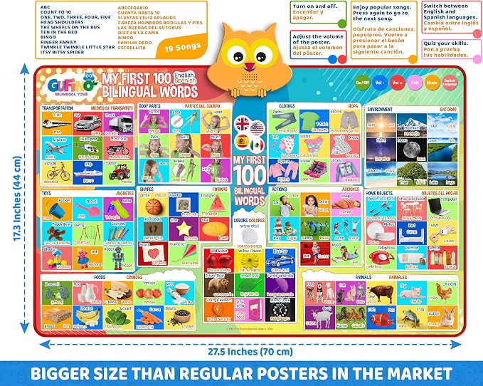 First 100 Words Bilingual Electronic Alphabet Poster – Interactive Learning Chart for Kids | 100 First Words in English & Spanish | Educational Talking Wall Poster - Image 6