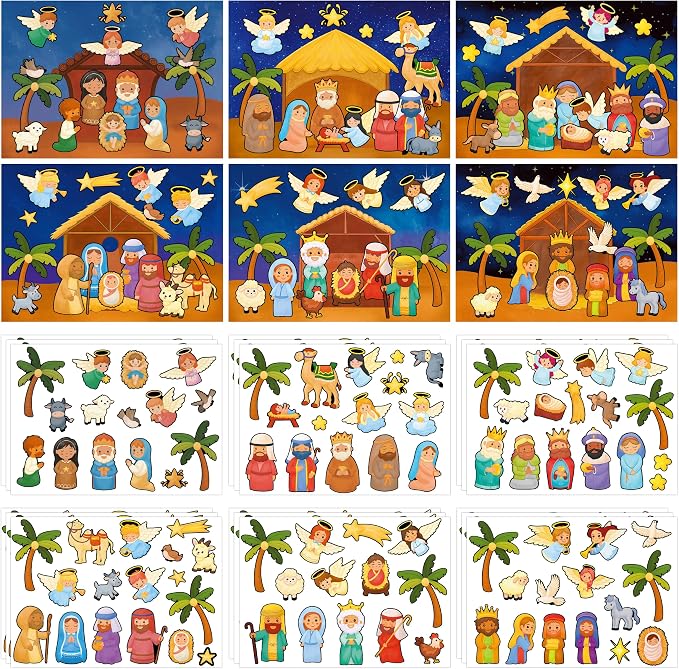 LINAYE 48 Sheets Nativity Scene Stickers, Religious Christian Christmas Stickers Nativity Crafts for Kids School Classroom, Christmas Activities Games for Kids Party Favors 24 Finished Products by LINAYE
