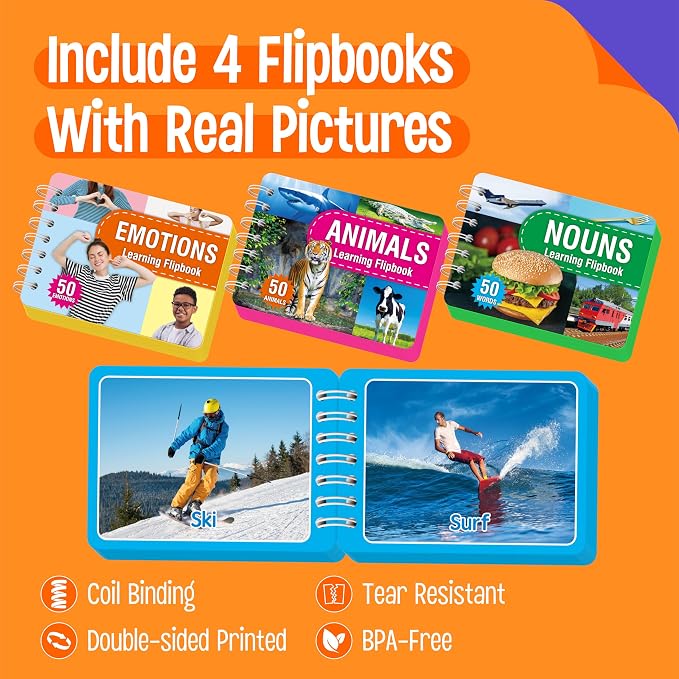4 Flipbooks for Learning Words, Mini Book Set with Real Pictures, Vocabulary Builder to Learn Verbs, Nouns, Foods, Animals, Double Sided Printed Word Learning Flipbook, Early Educational Tool For Kids - Image 2