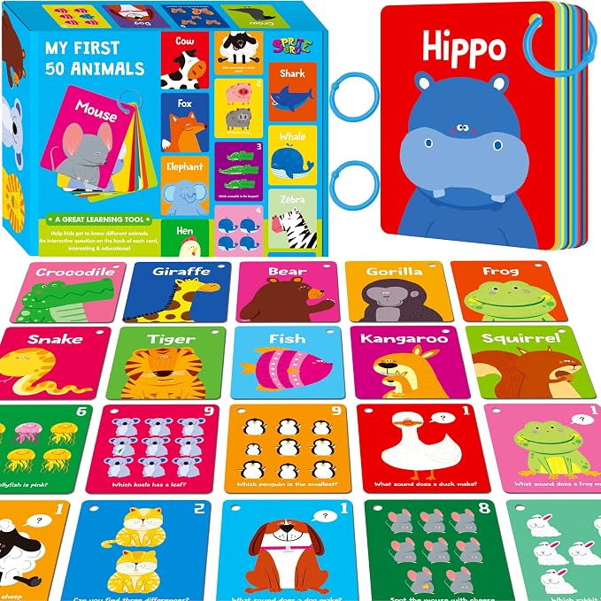 Animal Flashcards, 50 Double-Sided Cards, Wild/Farm/Marine Animal Cards Educational Learning Tools for Preschool and Toddlers Learning (2 Reclosable Rings Attached) by SpriteGru