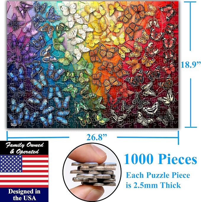 Think2Master Colorful Rainbow of Butterflies & Stained Glass 1000 Pieces Large Format Jigsaw Puzzle for 13+, Teens, Adults & Families. Beautiful Vibrant Illustration Artwork Size: 26.8” X 18.9” - Image 6