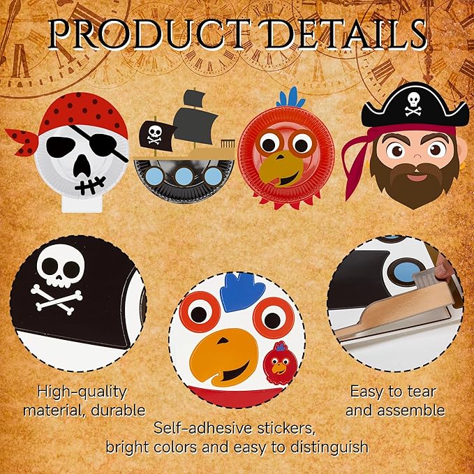 24 Pack Arts and Crafts Kits for Kids, DIY Creative Pirate Paper Plate Craft Kit, Make Your Own Pirate Plate Crafts Sets, Fun Preschool Classroom Birthday Party Art Activities for Boy & Girl