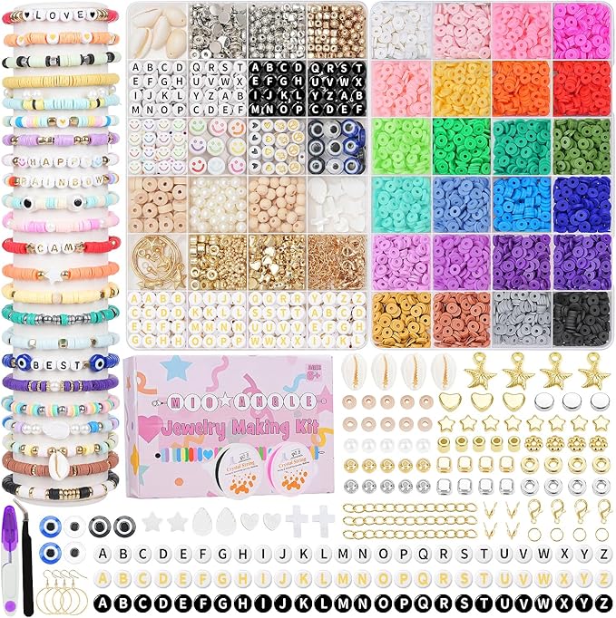 Clay Beads 2 Boxes 24 Colors Bracelet Making Kit, Round Letter Beads with Charm and Elastic Strings, Friendship Bracelets Holiday Gifts for Girls Adults