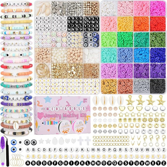 Clay Beads 2 Boxes 24 Colors Bracelet Making Kit, Round Letter Beads with Charm and Elastic Strings, Friendship Bracelets Holiday Gifts for Girls Adults