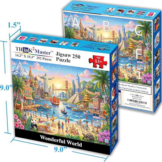 Think2Master Wonderful World 250 Pieces Large Format Jigsaw Puzzle: 13+, Adults & Families. Vibrant Travel-Themed Beautifully Illustrated Landscape Painting of Famous Landmarks Size: 19.3” X 14.2” - Image 4