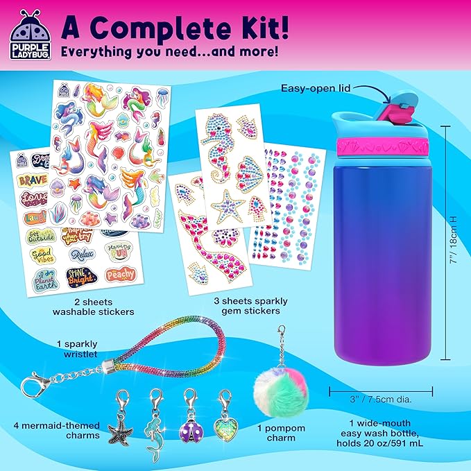 PURPLE LADYBUG Decorate Your Own Water Bottle for Girls - Mermaid Gifts for Girls Age 6-8, Gifts for 5 6 7 8 9 10 Year Old Girl Birthday, Valentines Gift, Crafts for Girl Ages 6-8