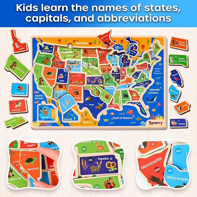 SYNARRY Large USA World Solar System Wooden Puzzles for Kids Ages 4-6, Wood Jigsaw Puzzles Educational Games Toys Gifts for Toddlers, Learning United States World Space Maps for Boys Girls Ages 3-8 - Image 2