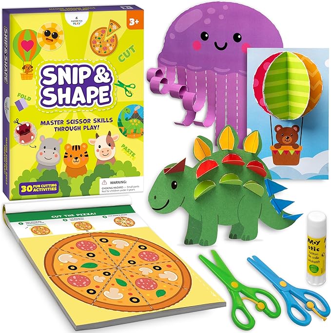 Snip & Shape Scissor Skills Activity Book with Toddler & Kids Scissors 3-5 by CleverFoxPlay