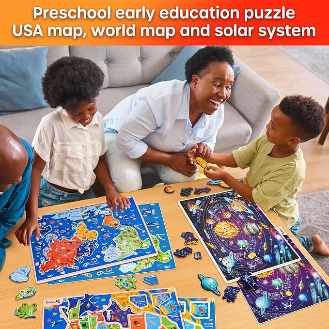 SYNARRY Large USA World Solar System Wooden Puzzles for Kids Ages 4-6, Wood Jigsaw Puzzles Educational Games Toys Gifts for Toddlers, Learning United States World Space Maps for Boys Girls Ages 3-8 - Image 5