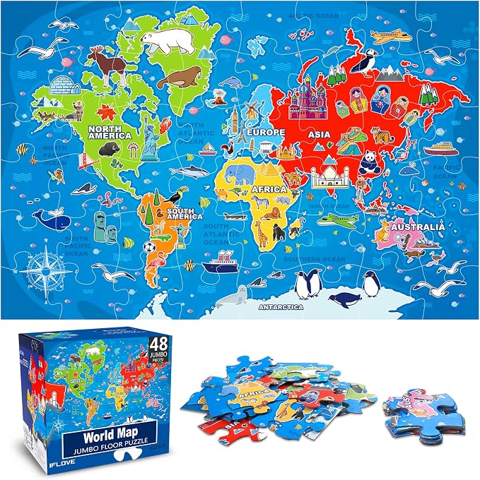 Jumbo Floor Puzzle for Kids,48-Piece World Map Jigsaw Puzzle Ages 3-8 by IFLOVE