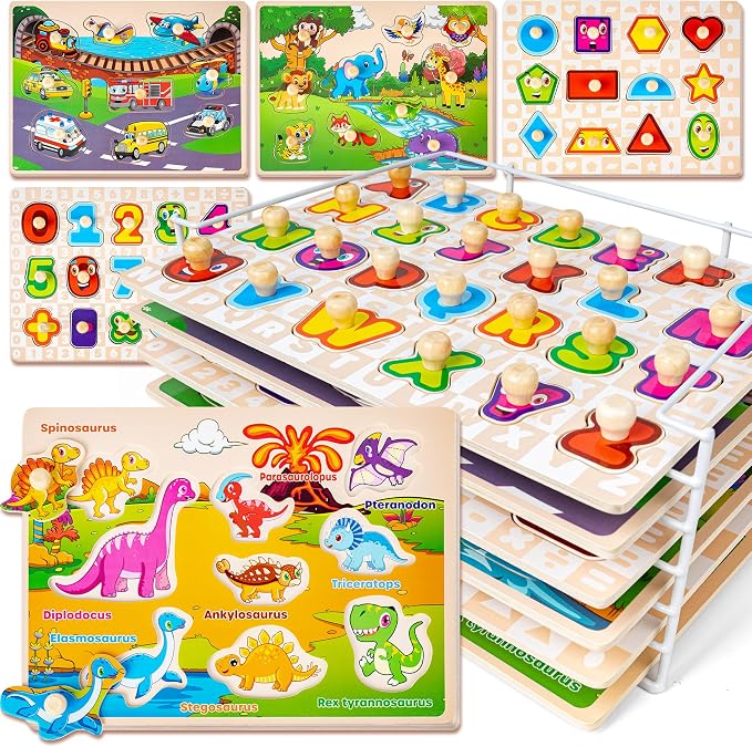 SYNARRY Wooden Puzzles for Toddlers 1-3, 6XSET Puzzles for Toddlers 2-4 with Rack, Learning Alphabet Number Animal Dinosaur Vehicle for Kids, Education Toys for 2 3 Years Boys Girls by SYNARRY