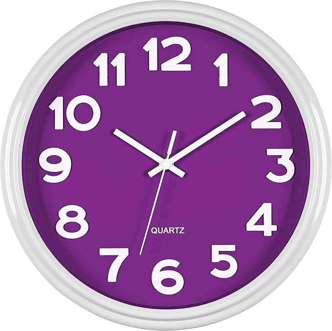Bernhard Products Large 12.5 Inch Purple Wall Clock with Non-Ticking Sweep Movement, Quartz Analog Display, Solid Plastic Case, Metal Hands, Battery Operated, Easy to Read by BernhardProducts