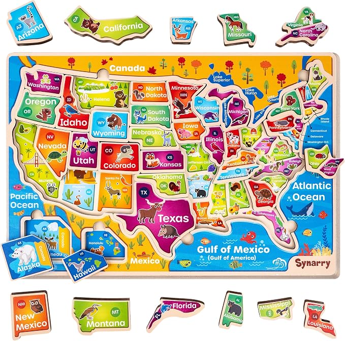 SYNARRY Large USA Wooden Puzzles for Kids Ages 3-5, Learning United States Map Puzles for Kids Ages 4-6, Wood Jigsaw Puzzles Educational Games Toys Gifts for Boys Girls Ages 3-8 by SYNARRY