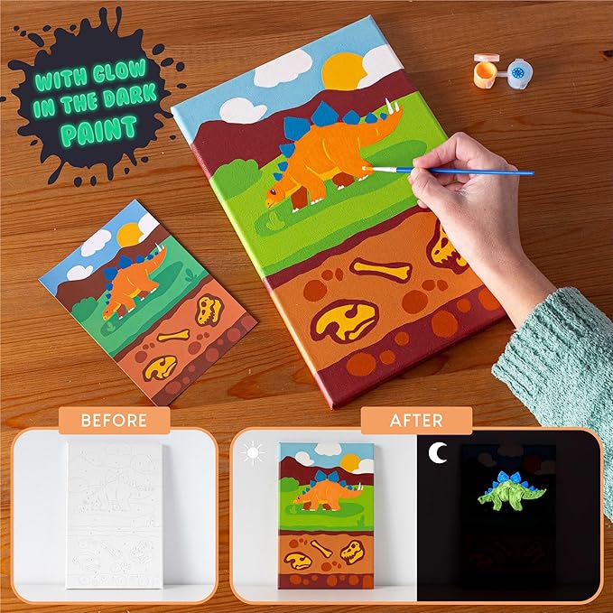 BONNYCO Paint by Numbers Kit for Kids Dinosaurs Pack 3 Canvas. Paint by Number, Canvas Framed Pre Drawn. Dinosaurs Gifts for Boys, Arts and Kids Crafts 4-6 8-12. Pintar por Numeros, Dino Craft