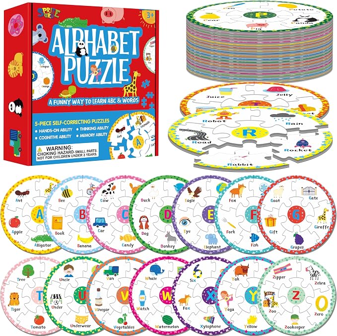 Alphabet Word Puzzles, 26 Letters & 130 First Words, Double-Sided Letter Puzzle Game Learn to Read Alphabet & Words, Early Educational Tool for Toddlers, Preschool, Kindergarten, Homeschooling by SpriteGru