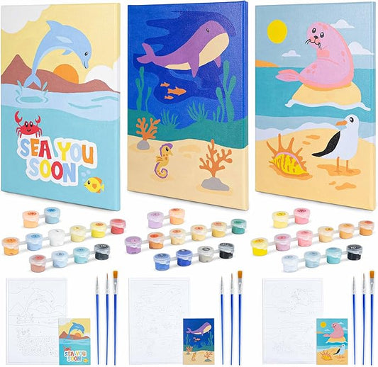 BONNYCO Paint by Numbers Kit for Kids Sea Animals Pack 3 Canvas. Paint by Number Canvas Framed, Ocean Gifts for Kids. Arts and Crafts 4-6 8-12, Pintar por Numeros. Pre Drawn Painting Under Sea Crafts