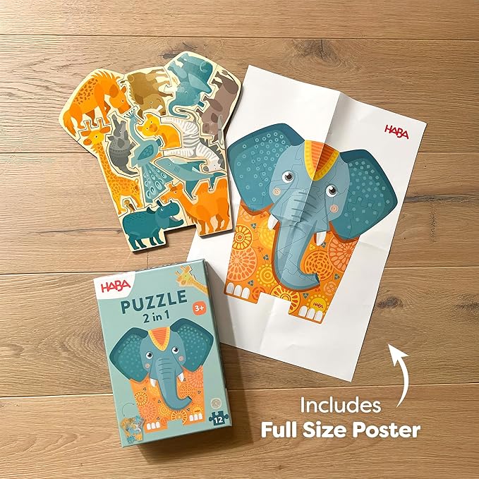 HABA Wooden Puzzle Elephant - 2 in 1 Reversible Puzzles for Kids Ages 4-6, Durable Educational Toys and Wooden Montessori Toys