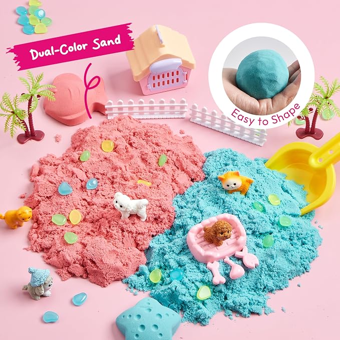 JOVA Klever Kits Cute Pet Sensory Bin for Kids with Glow in The Dark Stones, Sandbox with Lid Dual-Color Sand, Preschool Learning Activities Gifts for Boys Girls Age 3+ - Image 2