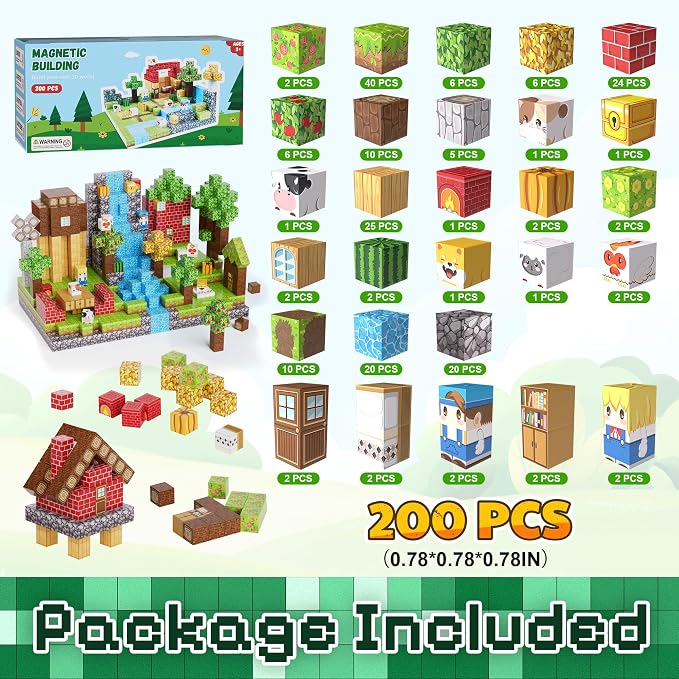 200PCS Magnetic Building Blocks Set, Magnetic Tiles Kids Build Cubes STEM Game Toys, Build Forest World Set, Christmas Birthday Gifts for Boys & Girls Age 3 4 5 6 7 8 9 10, 0.78 in Size - Image 3