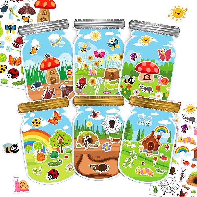 LINAYE 24 Sheets Insect Stickers with Jar Scenes, Make Your Own Bug Jar Stickers, Spring Crafts Activities for Kids Spring Party Decorations Supplies for Kids by LINAYE