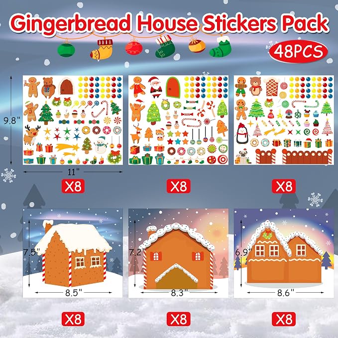 LINAYE 48PCS Make A Gingerbread House Stickers, Christmas Crafts for Kids Toddlers, Gingerbread House Craft Stickers, Christmas Activities Games for Kids Party Favors, 24 Finished Products - Image 2