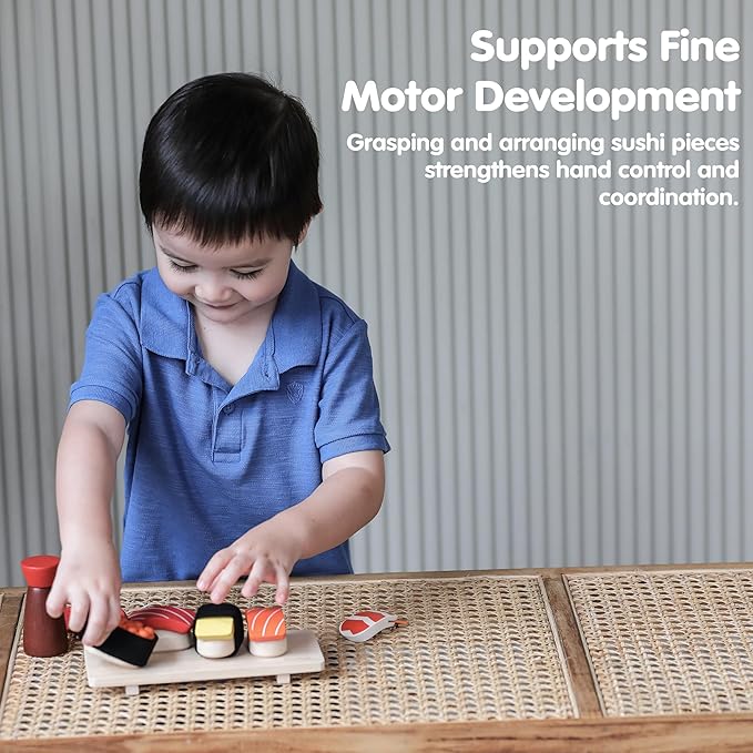 PlanToys® Wooden Pretend Play Food Sushi Kit for Kids | Kitchen Toy Includes Sushi Rolls, Nigiri, Soy Sauce Bottle & Serving Tray | Montessori Kitchen Role Play Toy for Toddlers