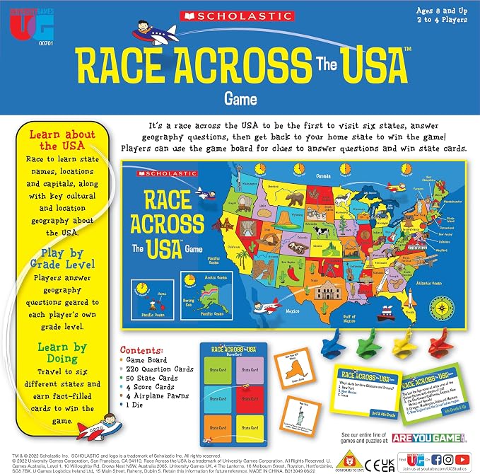 University Games, Scholastic Race Across the USA Board Game , Geography Learning Game for Kids and Families, for 2 to 4 Players Ages 8 and Up - Image 4