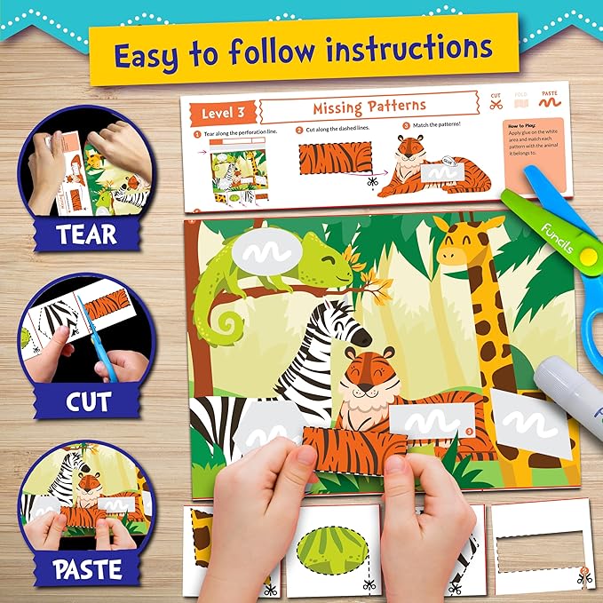 Funcils Toddler Scissor Skills - Art Supplies & Crafts Kit for Kids, Safety Scissors, Fine Motor Toys, Montessori Gifts for Boys & Girls Ages 3, 4, 5, 6, 7 Year Old, Preschool Learning Activity Books