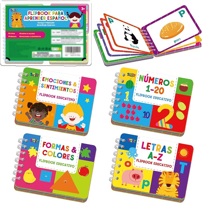 4 Spanish Learning Flipbooks, Double-Sided Printed Mini Book Set, Alphabet A-Z, Number 1-20, Feelings and Emotions, Shapes and Colors Mini Board Books Set, Early Educational Tool for Kids by SpriteGru