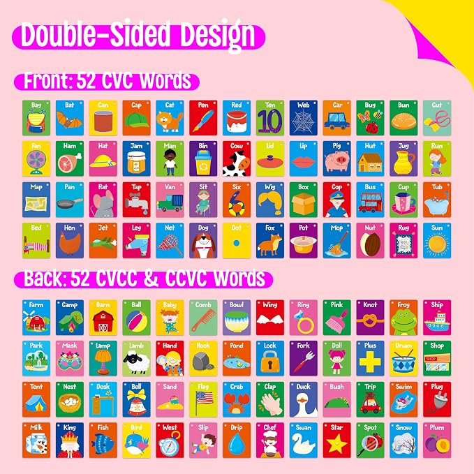 52 PCS Word Flashcards, 52 CVC Words & 52 CVCC, CCVC Words Double-Sided Cards with 2 Rings, Vocabulary Phonics Learning, Educational Tool for Preschool, Kindergarten, Toddlers - Image 4