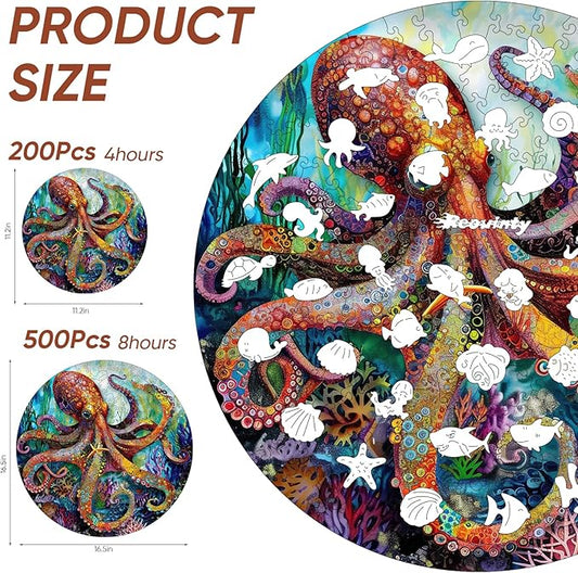 Reouinty Wooden Puzzle for Adults 500 Piece, Octopus Ocean Jigsaw Puzzles, Unique Shape Animal Adult Puzzles, Wall Decor, Wood Gift for Adults and Kids Family Game 15.6x15.6 in