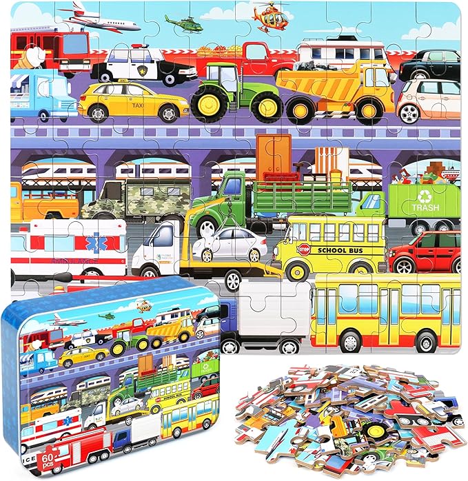 LELEMON 60 Pieces Puzzles for Kids Ages 4-8 Traffic Jam Puzzle for Boys Girls Transportation Vehicles Children Learning Educational Puzzles Portable Box Pack Toys by LELEMON