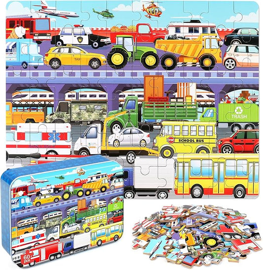 LELEMON 60 Pieces Puzzles for Kids Ages 4-8 Traffic Jam Puzzle for Boys Girls Transportation Vehicles Children Learning Educational Puzzles Portable Box Pack Toys by LELEMON