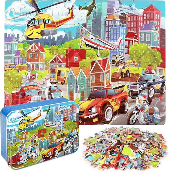 LELEMON Puzzles for Kids Ages 4-8 Transportation Vehicles Jigsaw Puzzles for Kids Boys Girls 100 Pieces Fire Truck Car Learning Educational Puzzles in a Metal Box by LELEMON