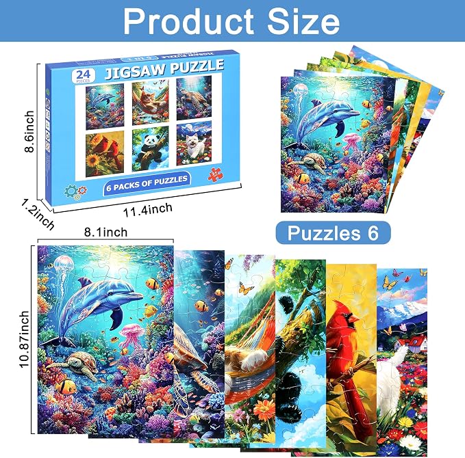 6 Packs 24 Large Piece Puzzles for Seniors,Animals Puzzle for Seniors with Dementia,Turtle Panda Cat Dolphin Bird Dog Easy Jigsaw Puzzle for Alzheimers Memory Games Dementia Activities - Image 2
