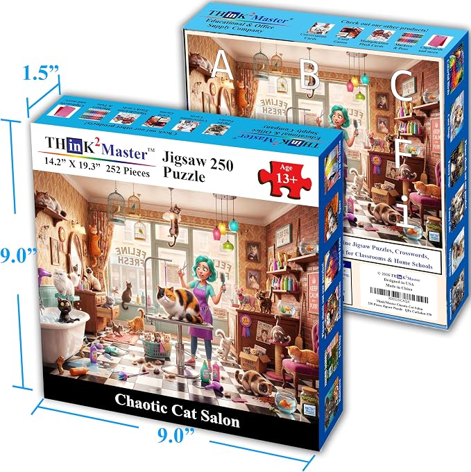 Think2Master Chaotic Cat Salon 250 pieces Large Format Jigsaw Puzzle: 13+, teens, adults & families. illustration of kitten frenzy at whimsical feline pet grooming shop. Great gift. Size 19.3” X 14.2” - Image 4