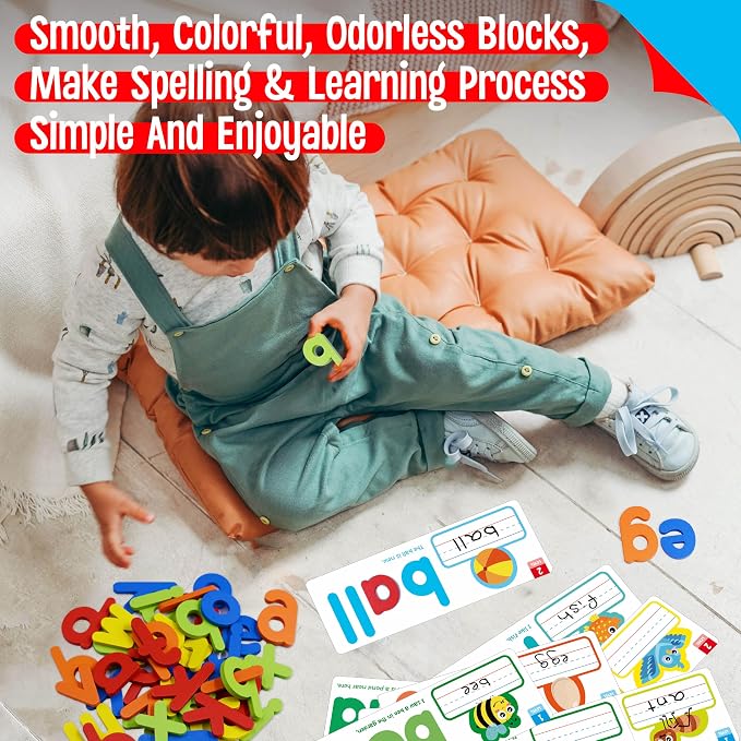 82PCS CVC & CVCC, CCVC Words Builders, 30 Double-Sided Cards & 52 Wooden Lowercase Letters, 2 Levels See & Spell Learning Tool STEM Educational Activities for 3 Years Old Boys and Girls - Image 6