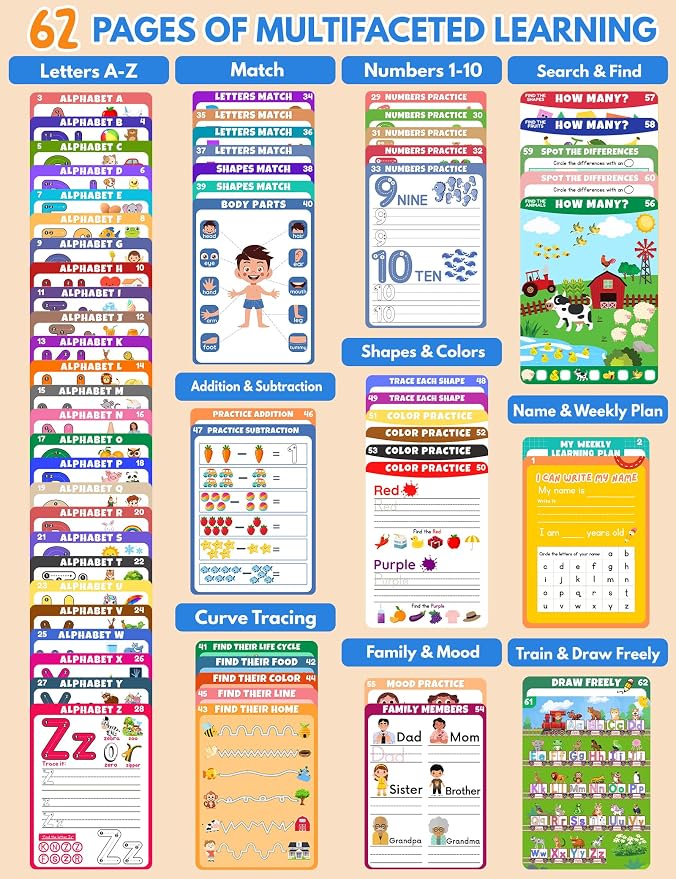 Preschool Learning Activities Educational Workbook, 62 Reusable Pages Pre Kindergarten Workbooks, Number Letter Tracing Books for Kids, Autism Learning Materials, ABC Busy Book for Kids Ages 3-7 - Image 2