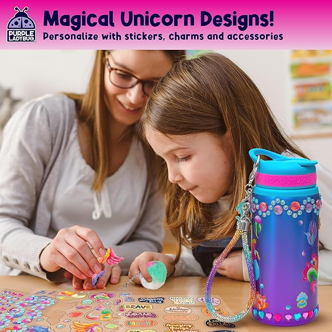 PURPLE LADYBUG Decorate Your Own Water Bottle for Girls - Mermaid Gifts for Girls Age 6-8, Gifts for 5 6 7 8 9 10 Year Old Girl Birthday, Valentines Gift, Crafts for Girl Ages 6-8