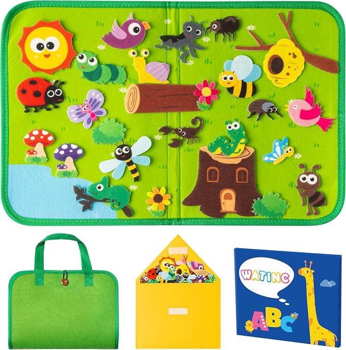 WATINC Travel Felt Board Story Set - 25PCS Portable Felt Board Educational Birthday Gift for Boys & Girls, Themed Storytelling Preschool Early Learning Interactive Play Kit for Toddlers (Insect) by WATINC