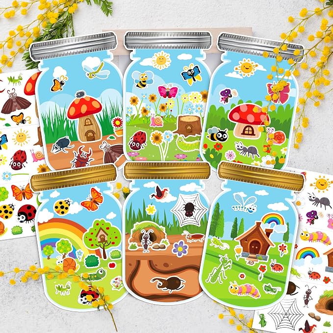 LINAYE 24 Sheets Insect Stickers with Jar Scenes, Make Your Own Bug Jar Stickers, Spring Crafts Activities for Kids Spring Party Decorations Supplies for Kids - Image 4
