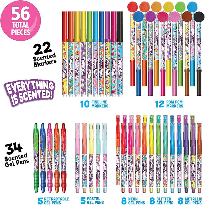 Sugar Rush Scented Pen and Marker Bundle – 56-Count Art Supplies Set with Gel Pens, Fineline Markers, Retractable Pens, and Candy Scented Markers – Non-Toxic for Kids Ages 3+